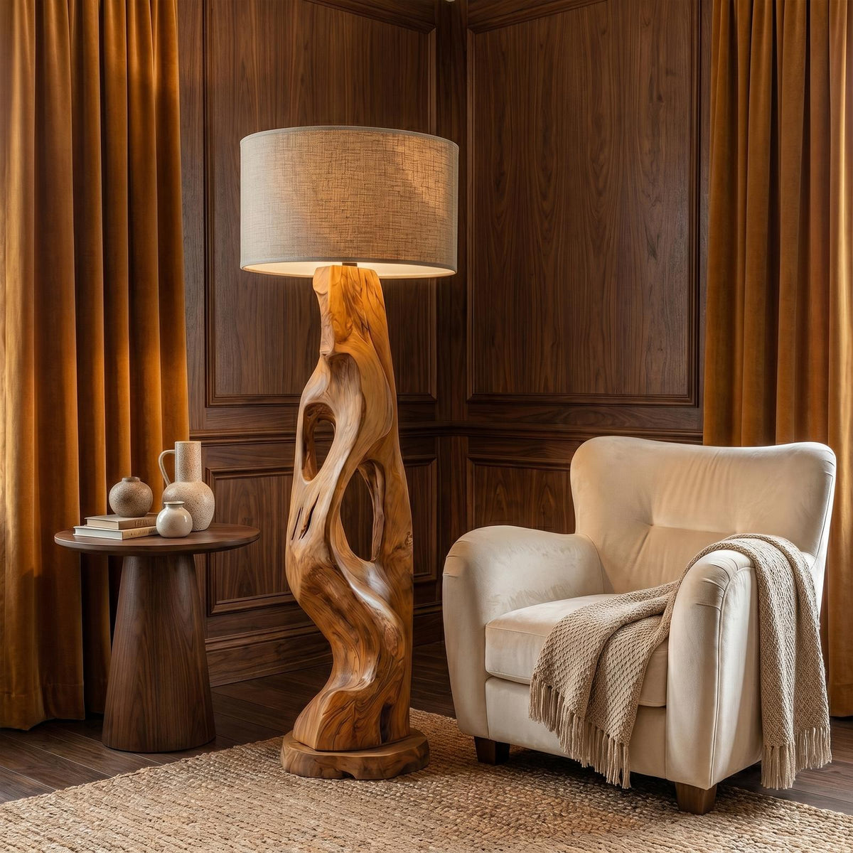 Organic Modern Standing Lamp with Artistic Solid Wood Base, Tall Floor Light for Living Room