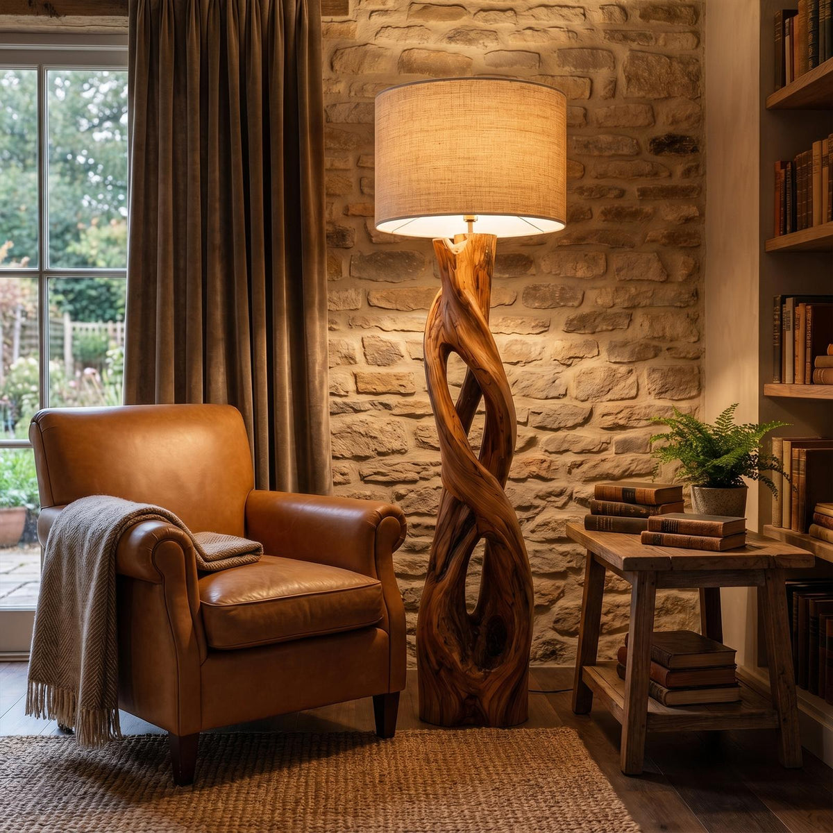 Nature-Inspired Floor Lamp with Sculptural Wood Form and Fabric Shade, Standing Tall Light