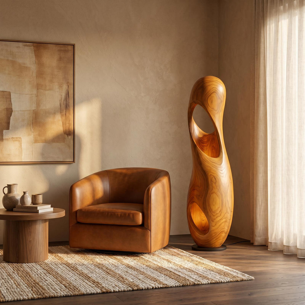 Organic Floor Lamp with Sculptural Hollow Wood Tower Design, Modern Artistic Standing Light