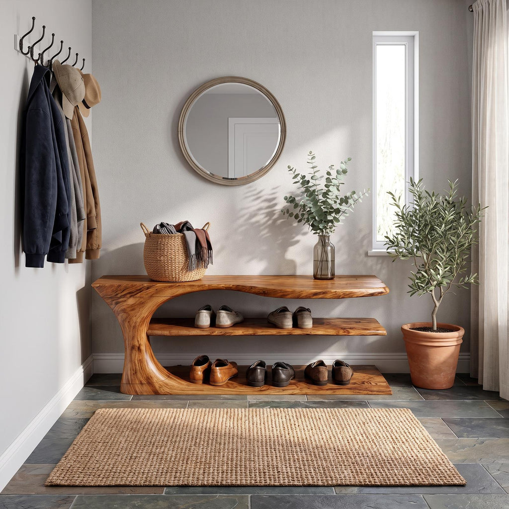 Mid Century Handcrafted Wooden Shoe Storage Bench Home