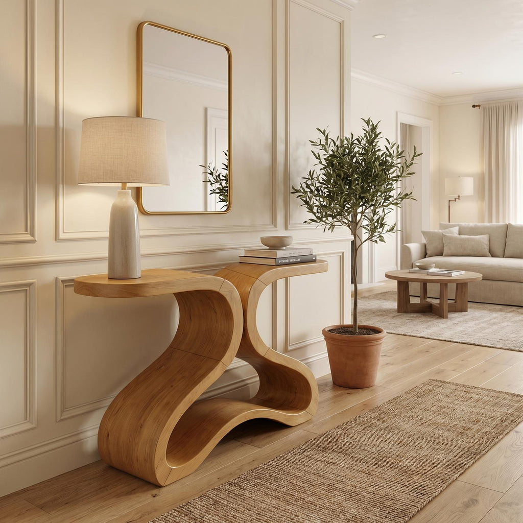Spry Interior Organic Curved Console Table, Modern Solid Wood Entryway Sofa Table & Hallway Accent Credenza, SINLKICS568