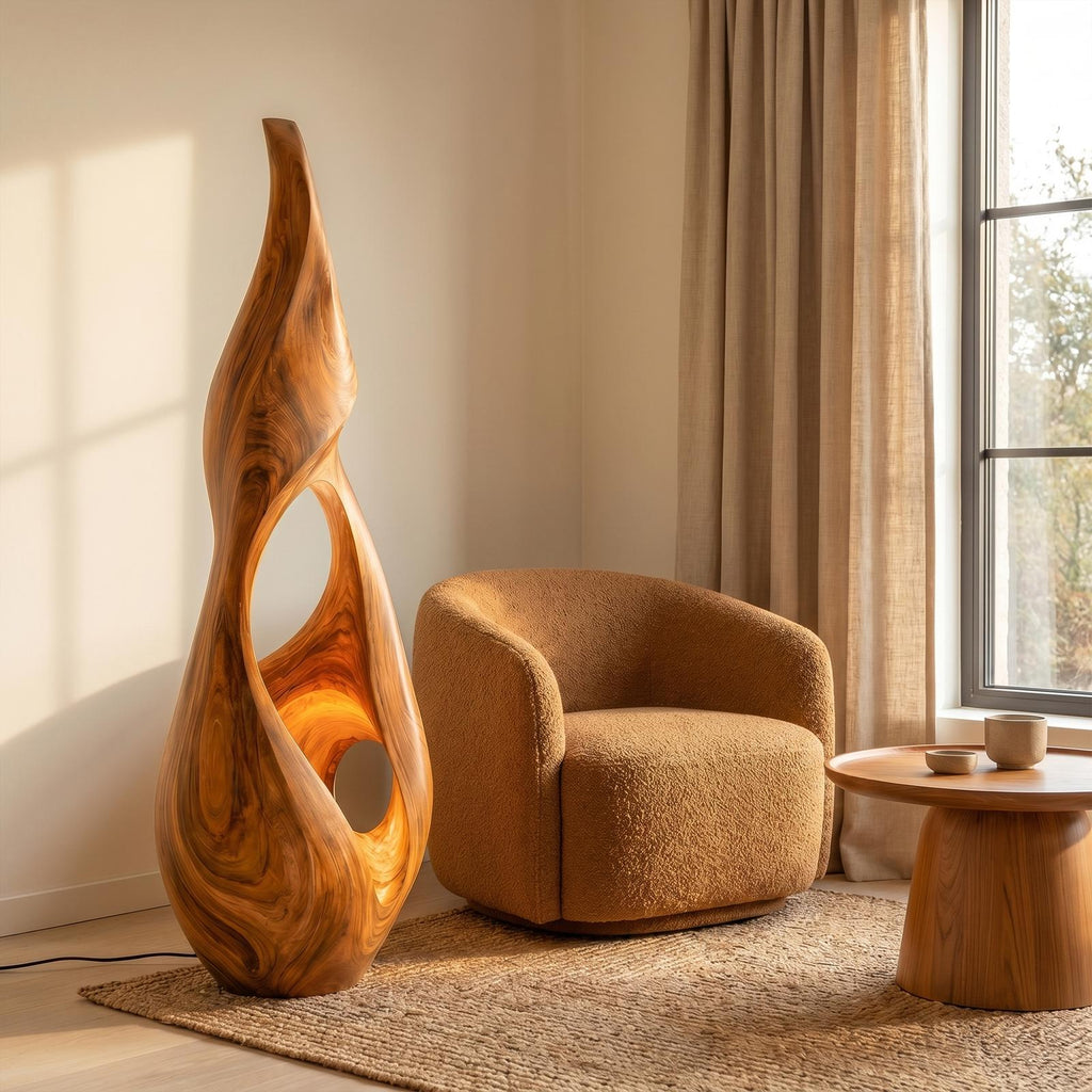 Nature-Inspired Floor Lamp with Sculptural Solid Wood Form, Artistic Standing Corner Light
