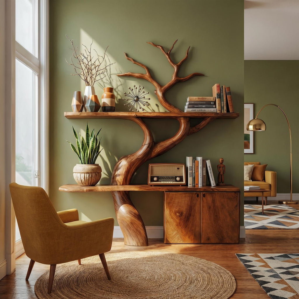 Rustic Tree Branch Bookshelf with Storage Cabinet, Solid Wood Decorative Bookcase, Bedroom Display Shelf