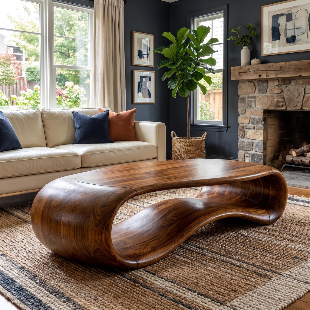 Modern Sculptural Solid Wood Coffee Table, Handcrafted Abstract Wooden Center Table for Contemporary Living Room Decor