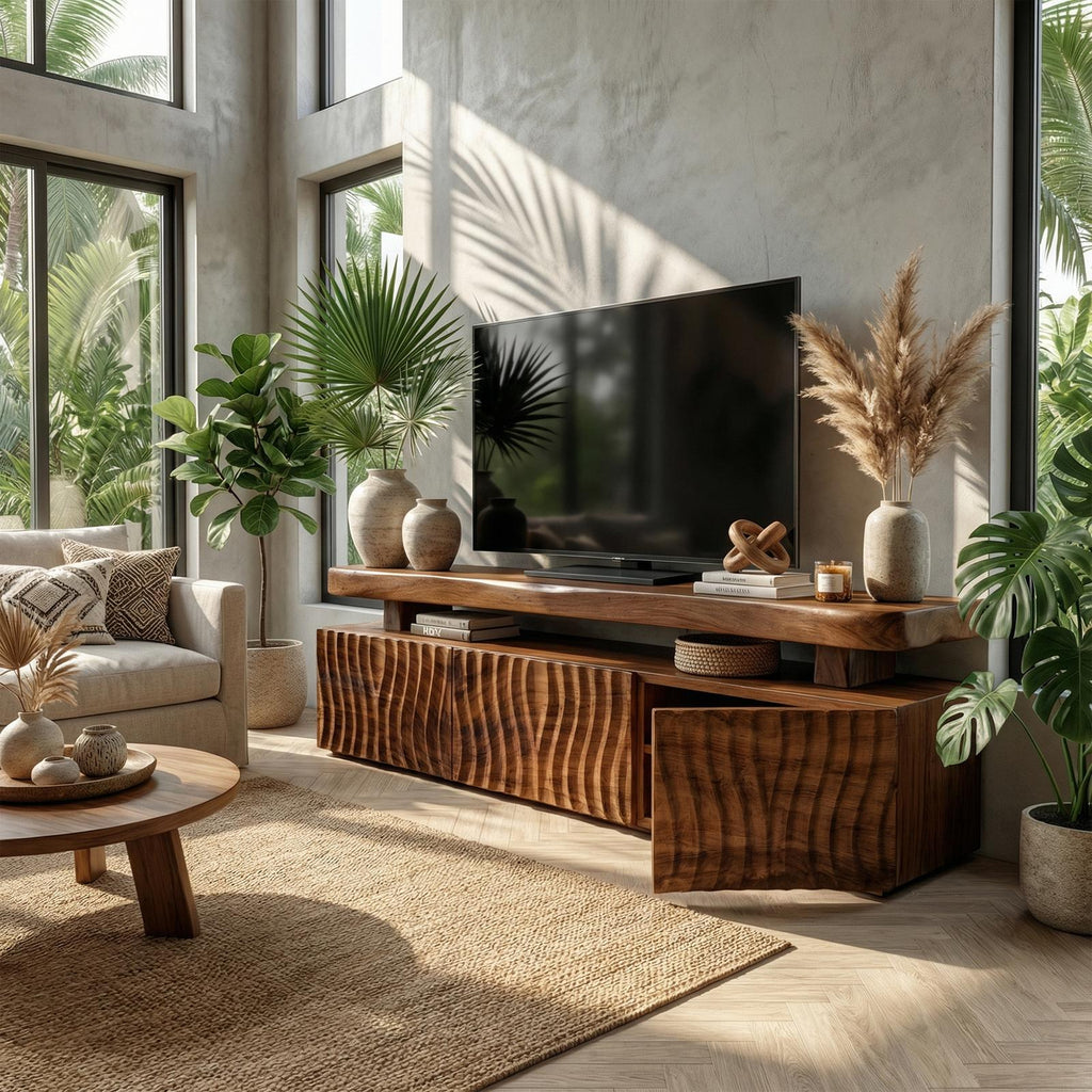 Modern TV Cabinet, Solid Wood Media Console with Unique Wave Pattern Storage for Living Room
