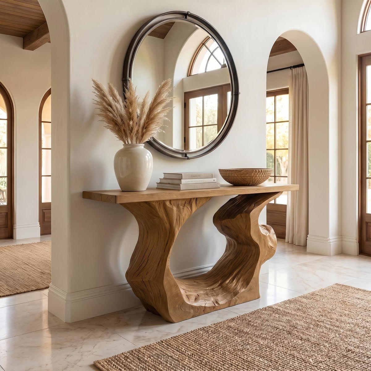 Sculptural Console Table, Modern Solid Wood Entryway Sofa Table & Accent Hallway Credenza