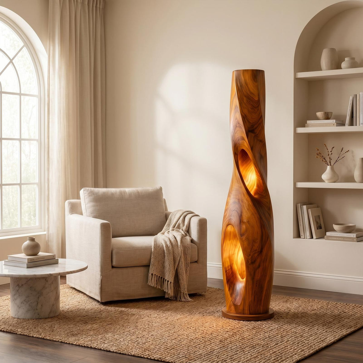 Modern Sculptural Floor Lamp with Hollow Solid Wood Design, Artistic Standing Light