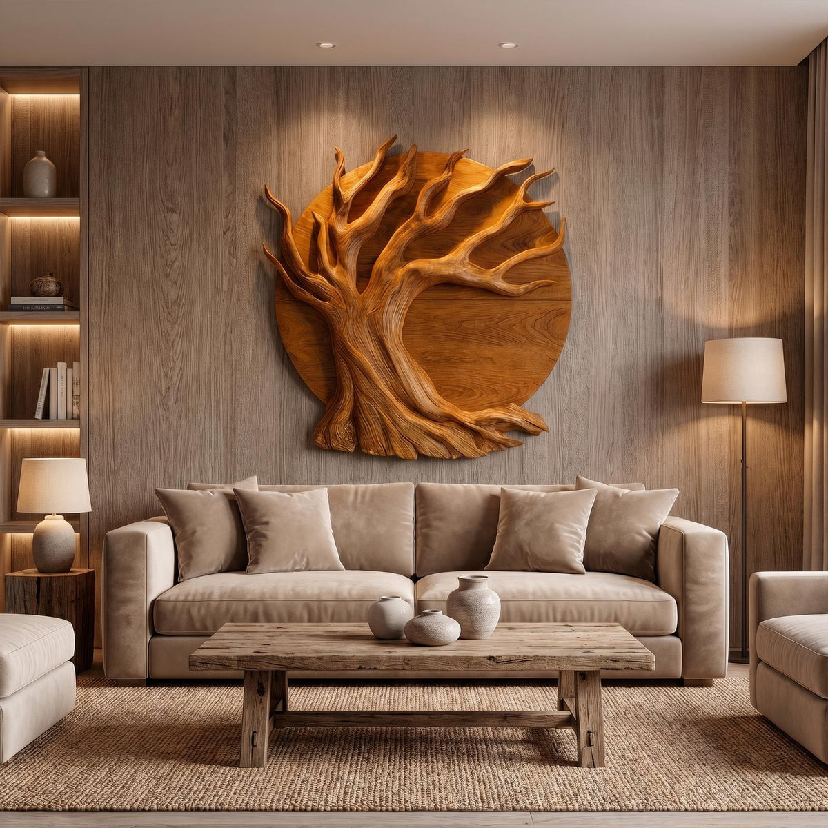 Sculptural Tree Wall Decor, Organic Circular Design Handcrafted Wooden Wall Art Accent
