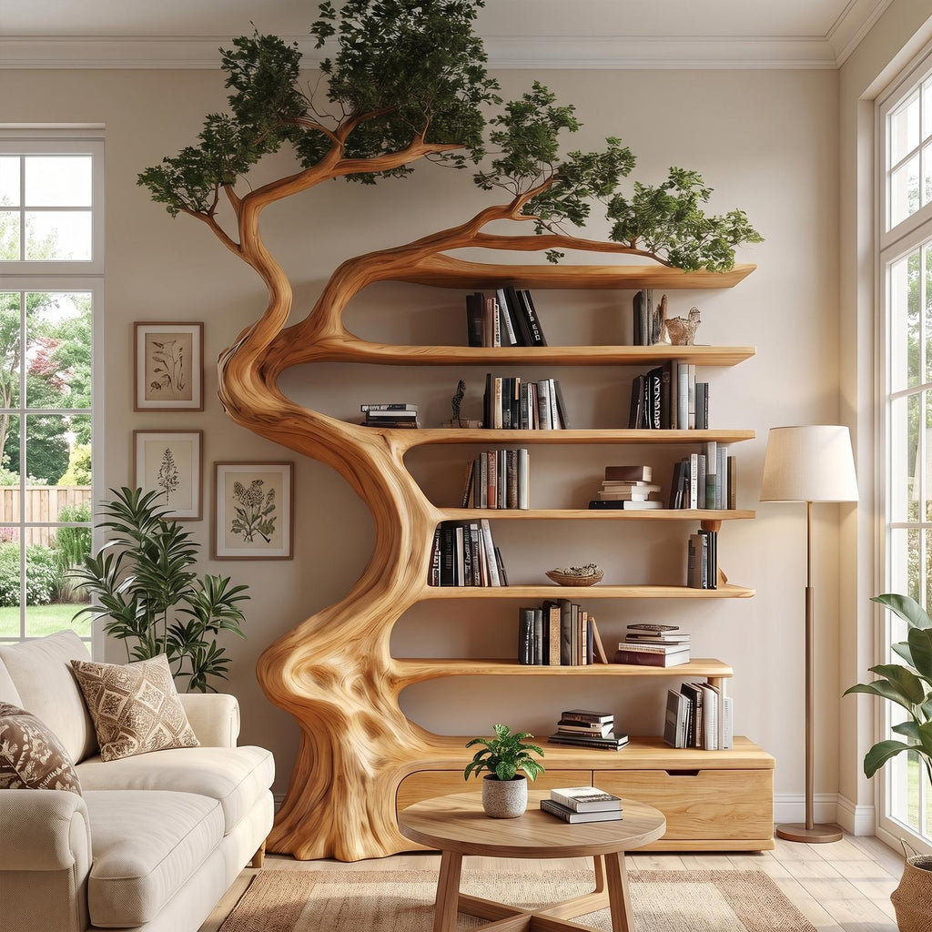 Rustic Tree Bookshelf with Storage Cabinet, Handcrafted Wood Branch Bookcase for Living Room