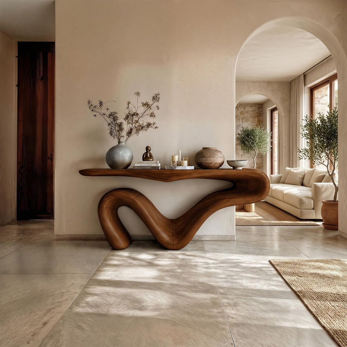 Organic Modern Sculptural Console Table, Solid Wood Curved Entryway & Living Room Accent Sofa Table