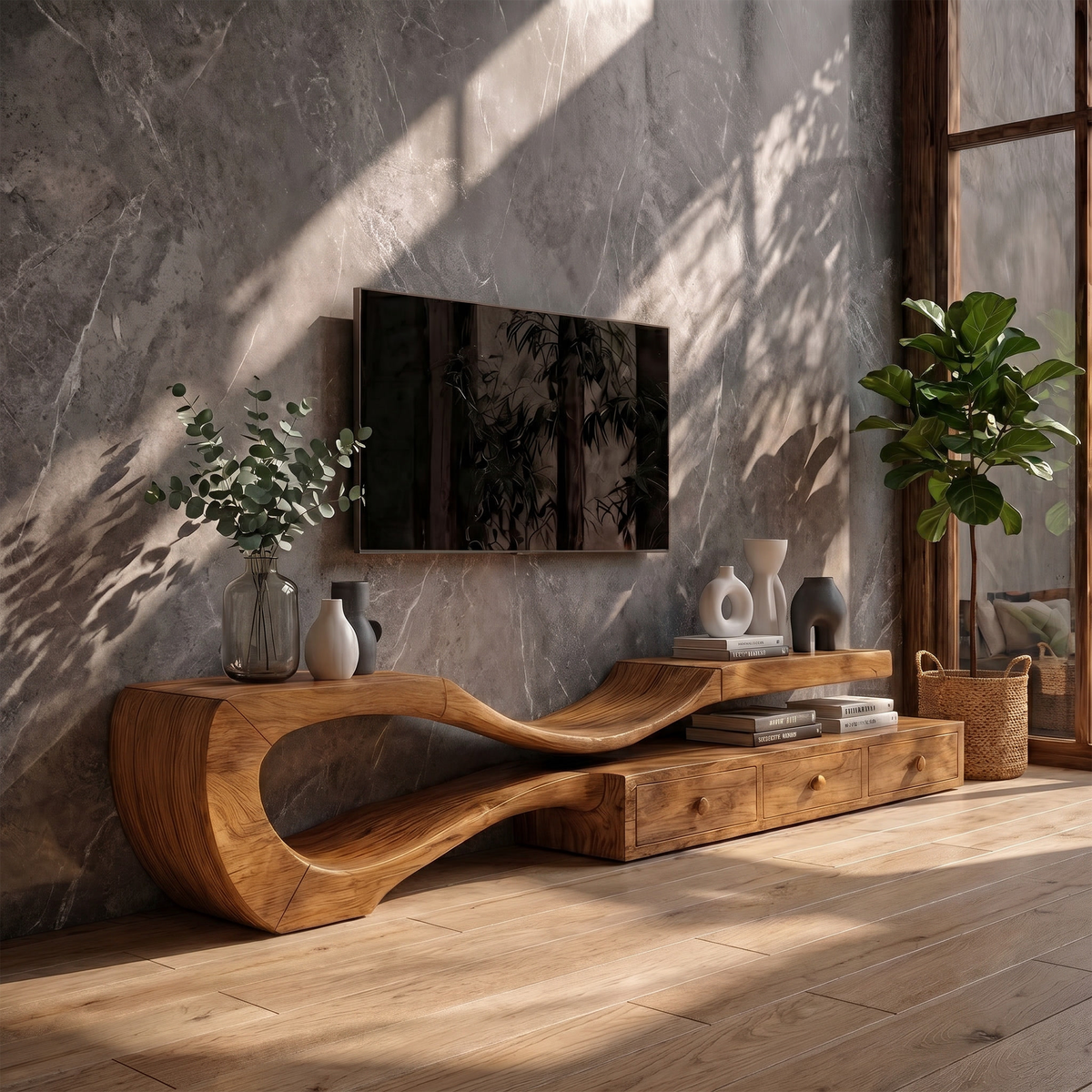Modern TV Cabinet with Sculptural Curved Wood Base, Handcrafted Storage Drawers, Solid Wood Media Stand Credenza