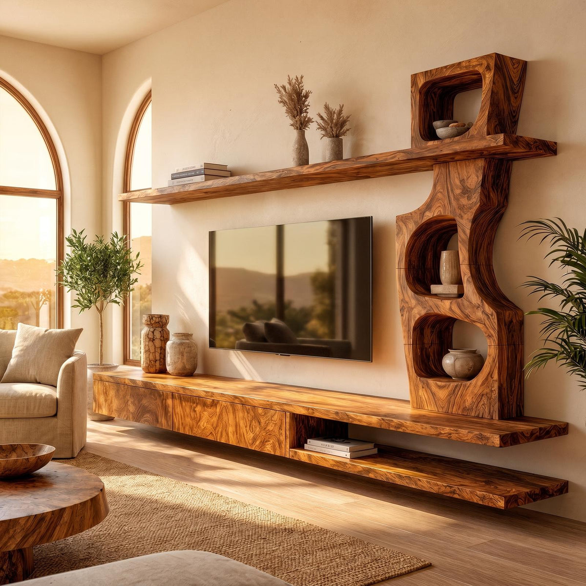 Sculptural Wood TV Cabinet with Tree Inspired Storage Shelves & Unique Media Credenza for Living Room