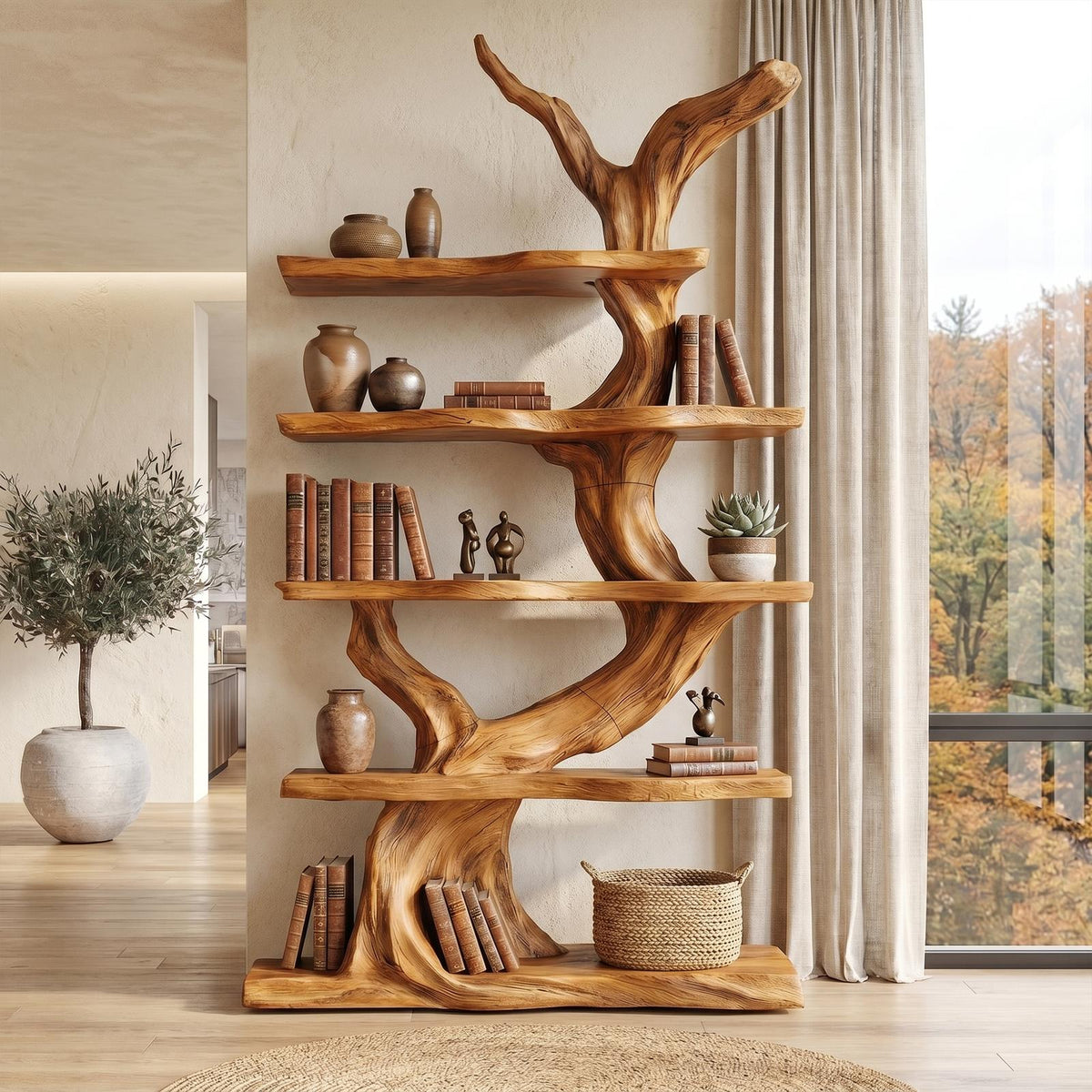 Organic Tree Bookshelf, Sculptural Wooden Branch Design Multi-Tier Open Display Shelves for Modern Living Room