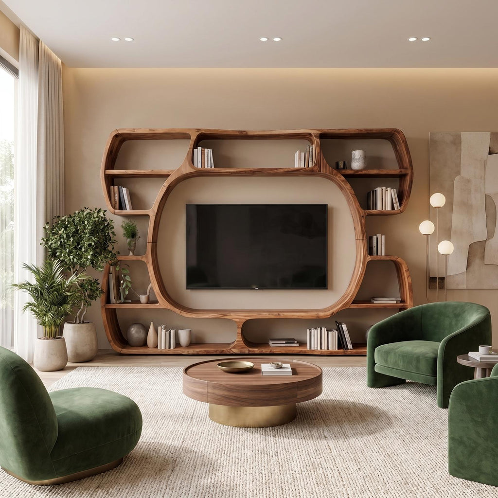 Organic Wood Entertainment Center with Sculptural Surround Shelves & Large TV Console for Living Room