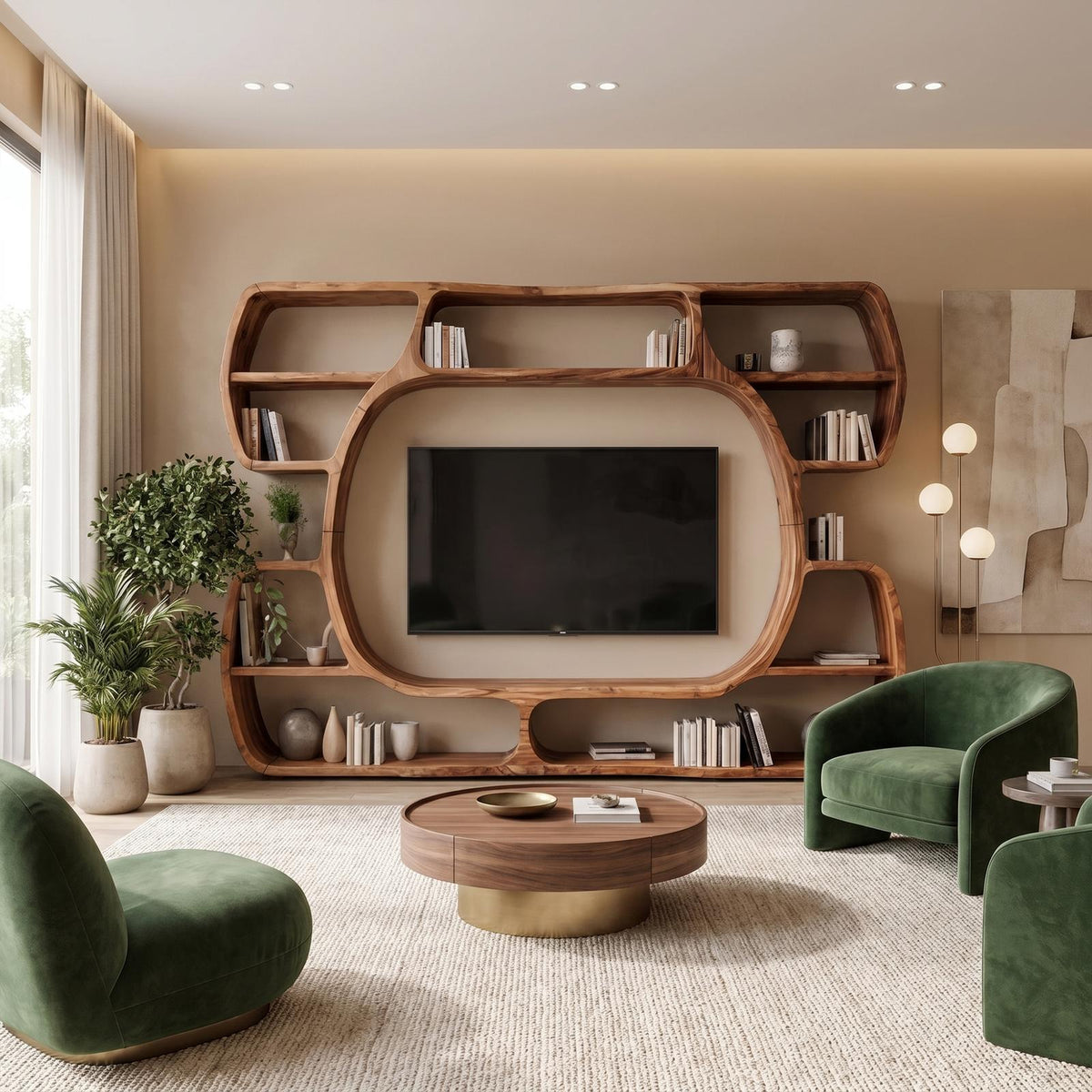 Organic Wood Entertainment Center with Sculptural Surround Shelves & Large TV Console for Living Room