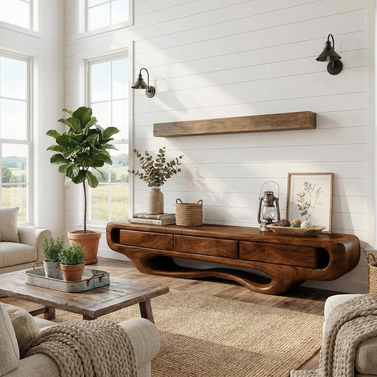 Rustic TV Cabinet, Solid Wood Low Profile Media Console, Entertainment Center TV Stand for Living Room