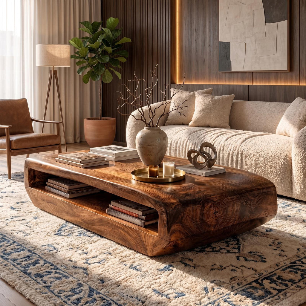 Rustic Natural Wood Coffee Table with Storage Shelf, Solid Wood Center Table for Cozy Living Room