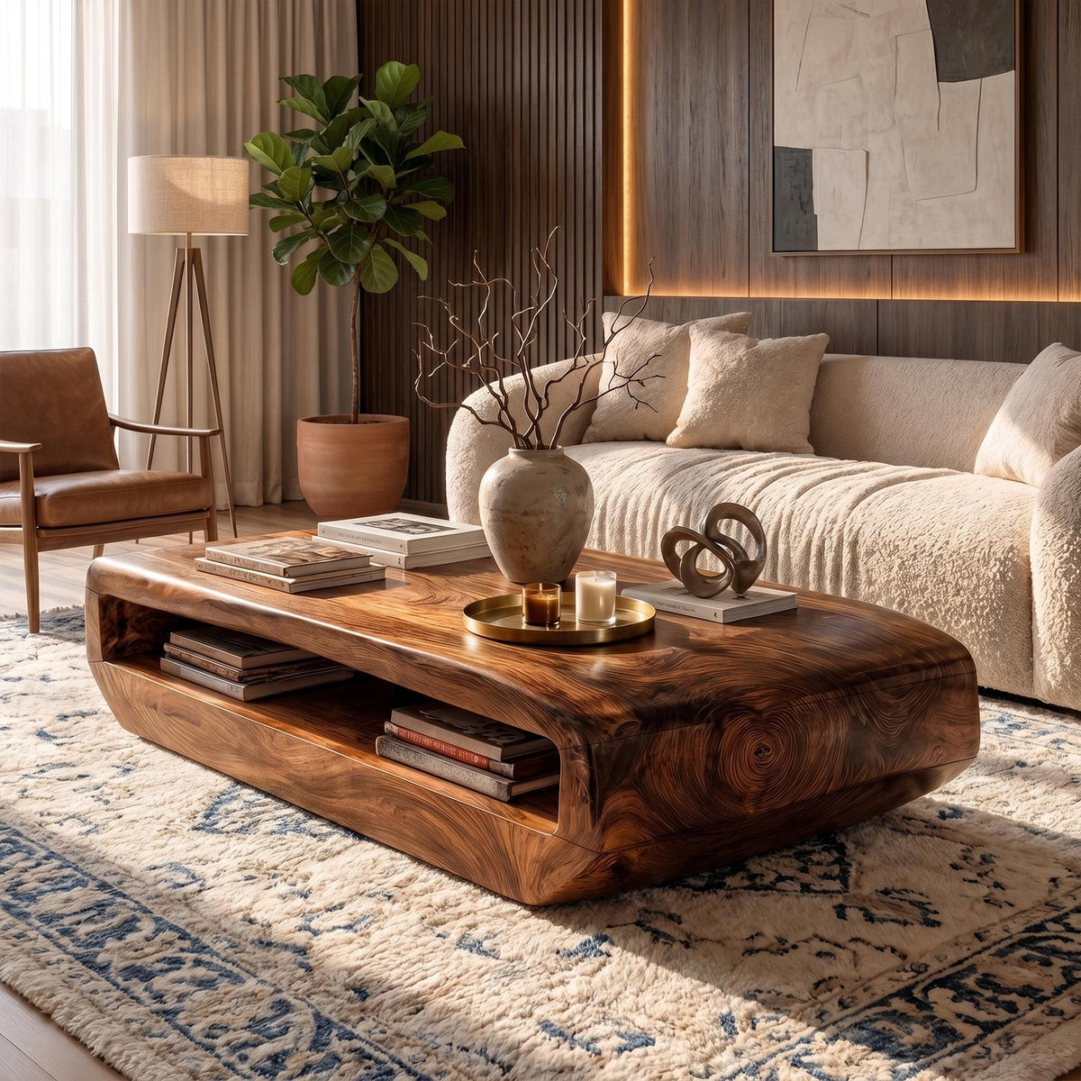 Rustic Natural Wood Coffee Table with Storage Shelf, Solid Wood Center Table for Cozy Living Room