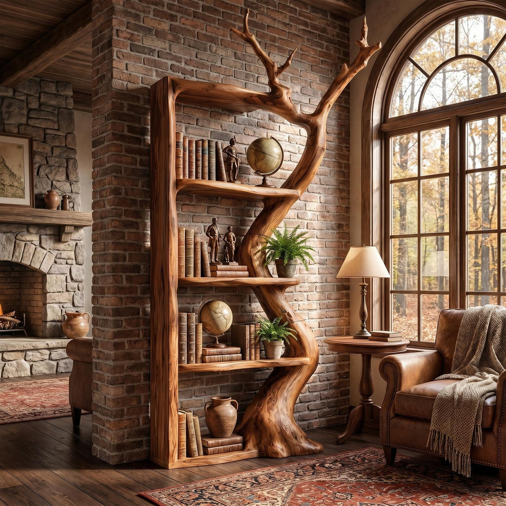 Sculptural Tree Bookshelf, Artistic Flowing Branch Shaped Solid Wood Open Display Shelves for Living Room Office