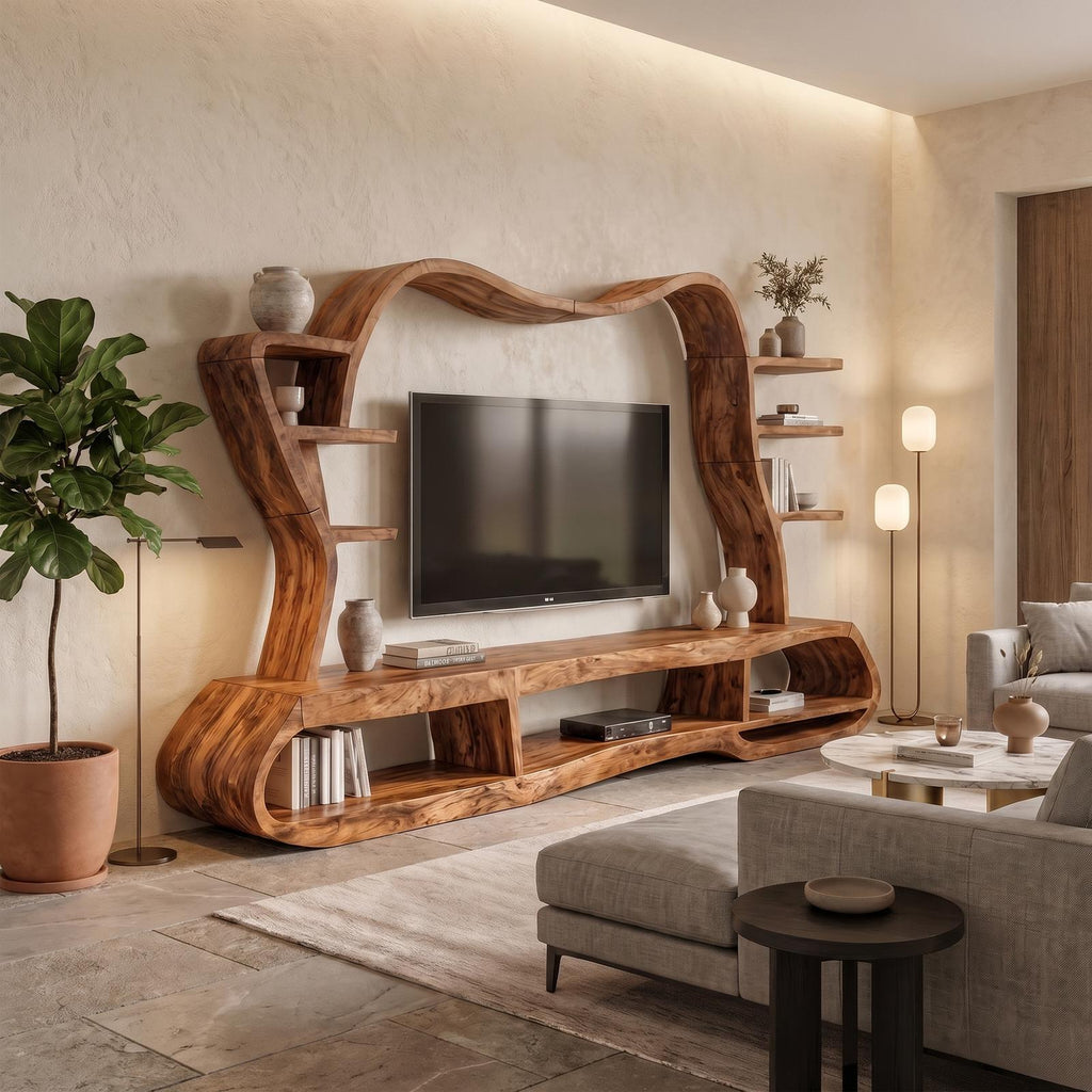 Modern Wood Entertainment Center with Sculptural Curved Shelving, Luxury Living Room TV Stand Console