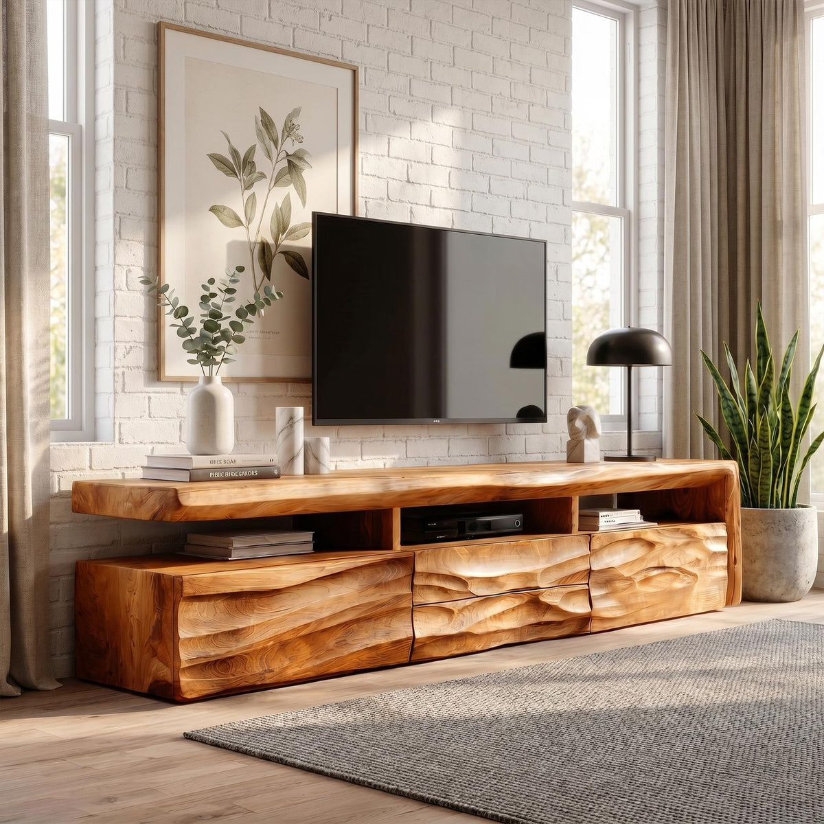 Organic TV Cabinet, Hand-Carved Textured Front Solid Wood Media Storage Console with Open Shelves for Living Room