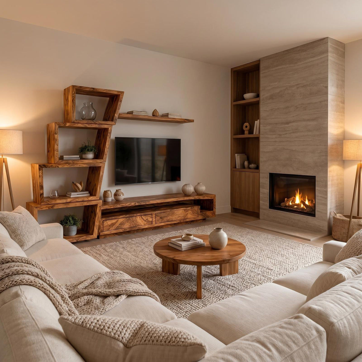 Organic Wood TV Cabinet with Artistic Open Shelving System & Modern Media Console Table for Living Room