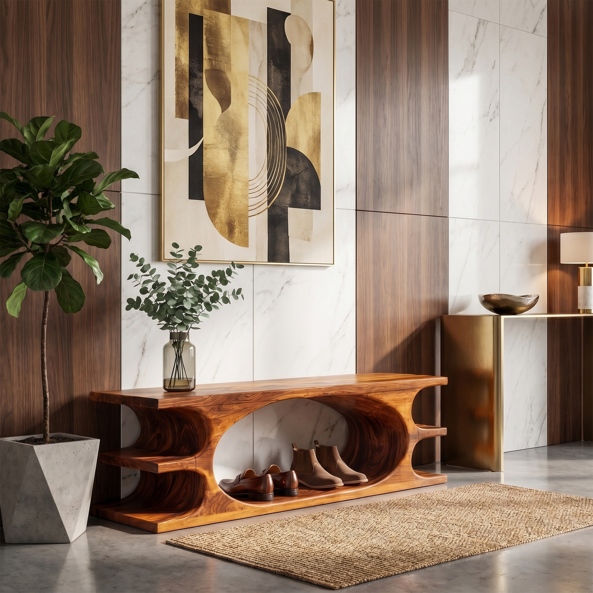 Organic Sculptural Wooden Bench with Flowing Curved Base, Solid Wood Hallway Seating & Living Room Accent Bench