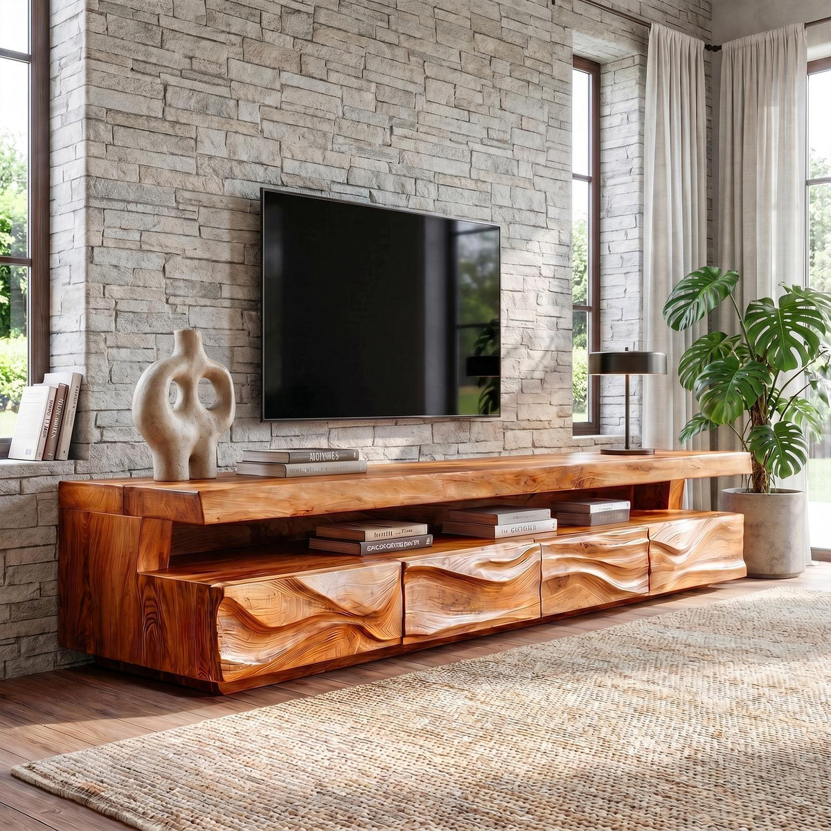 Modern Solid Wood TV Stand, Hand-Carved Textured Front Console Media Storage Cabinet for Living Room