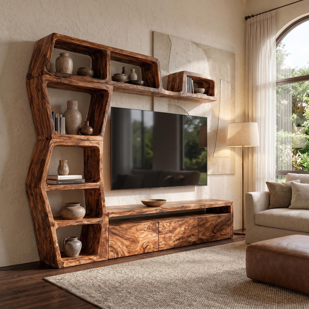 Contemporary Wooden Entertainment Center with Integrated Display Shelves & TV Console Table for Living Room