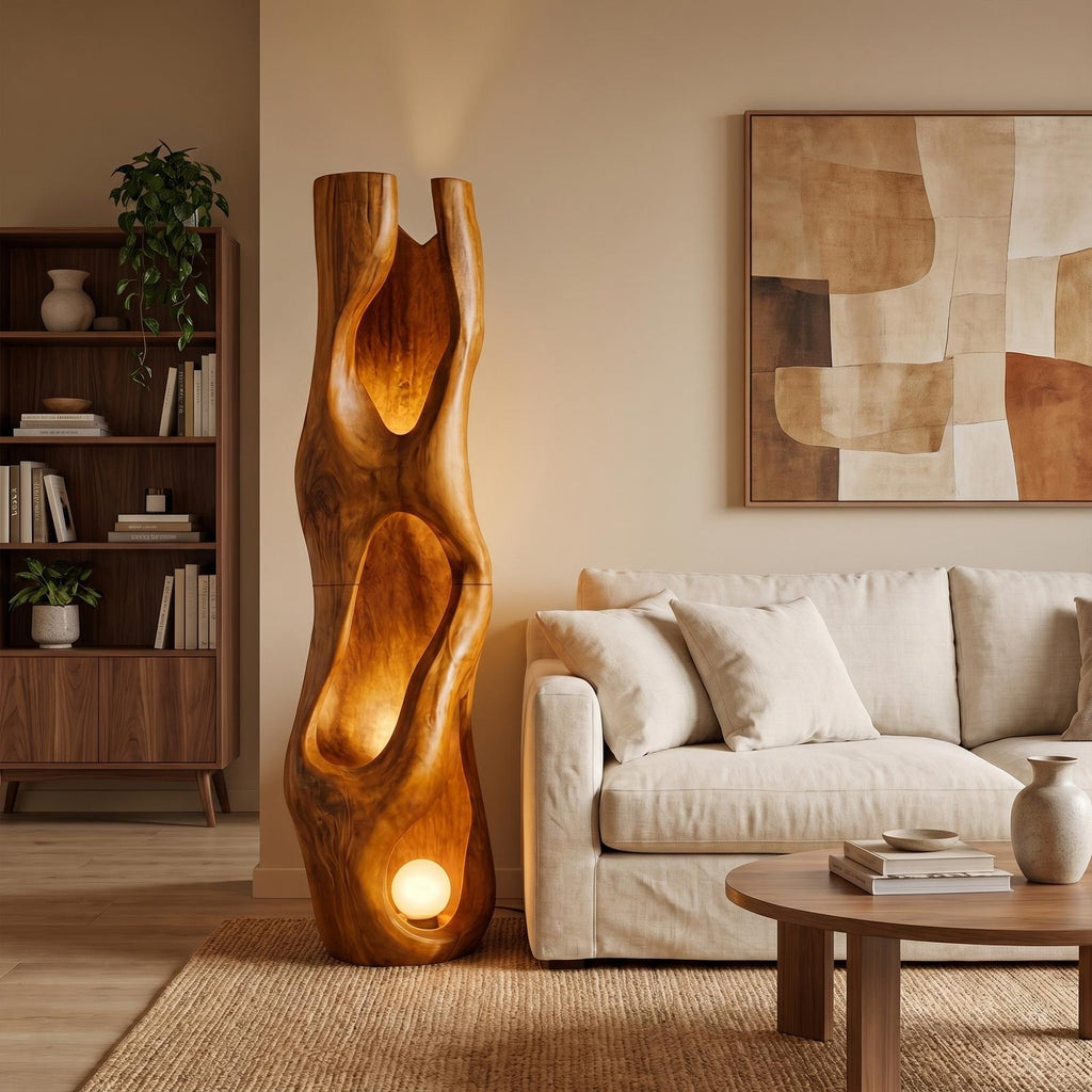 Nature Inspired Floor Lamp, Carved Driftwood Sculpture Tall Standing Light for Living Room
