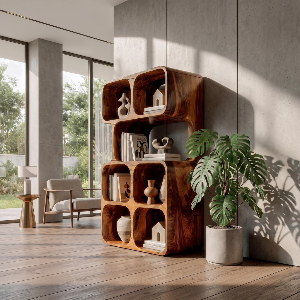 Statement Leaning Bookshelf Handcrafted Organic Wood Design For Modern Home