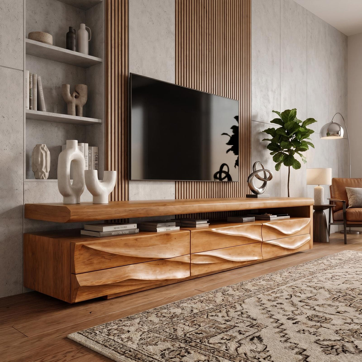 Organic Modern TV Cabinet Console, Handcrafted Curved Solid Wood Media Storage Credenza for Luxury Living Room