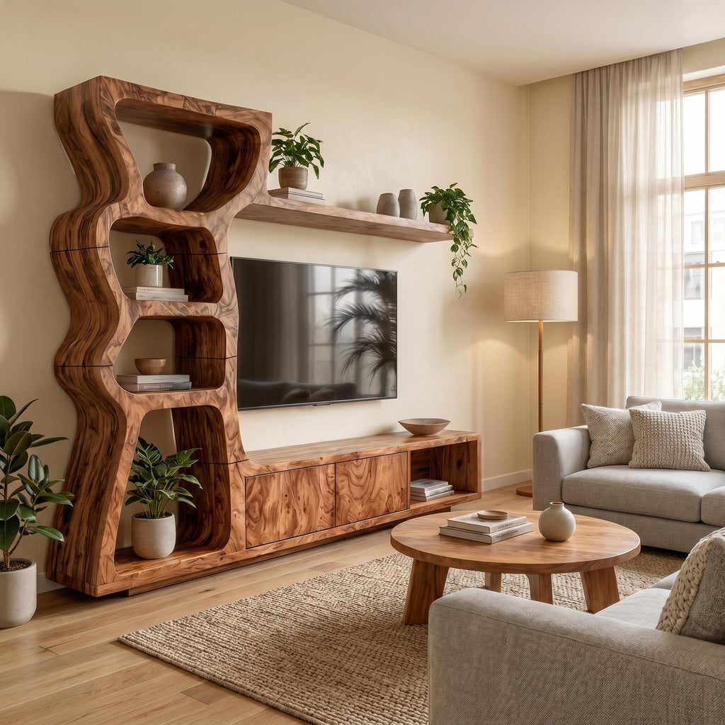 Modern Wood TV Cabinet with Curved Built-In Display Shelves & Entertainment Center Console for Living Room