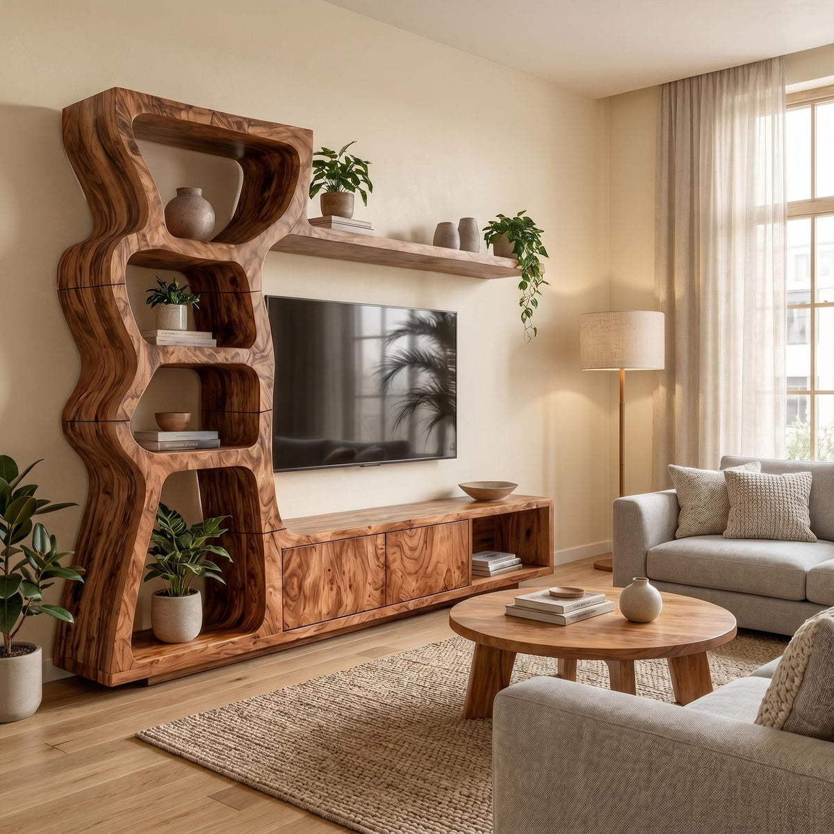 Modern Wood TV Cabinet with Curved Built-In Display Shelves & Entertainment Center Console for Living Room