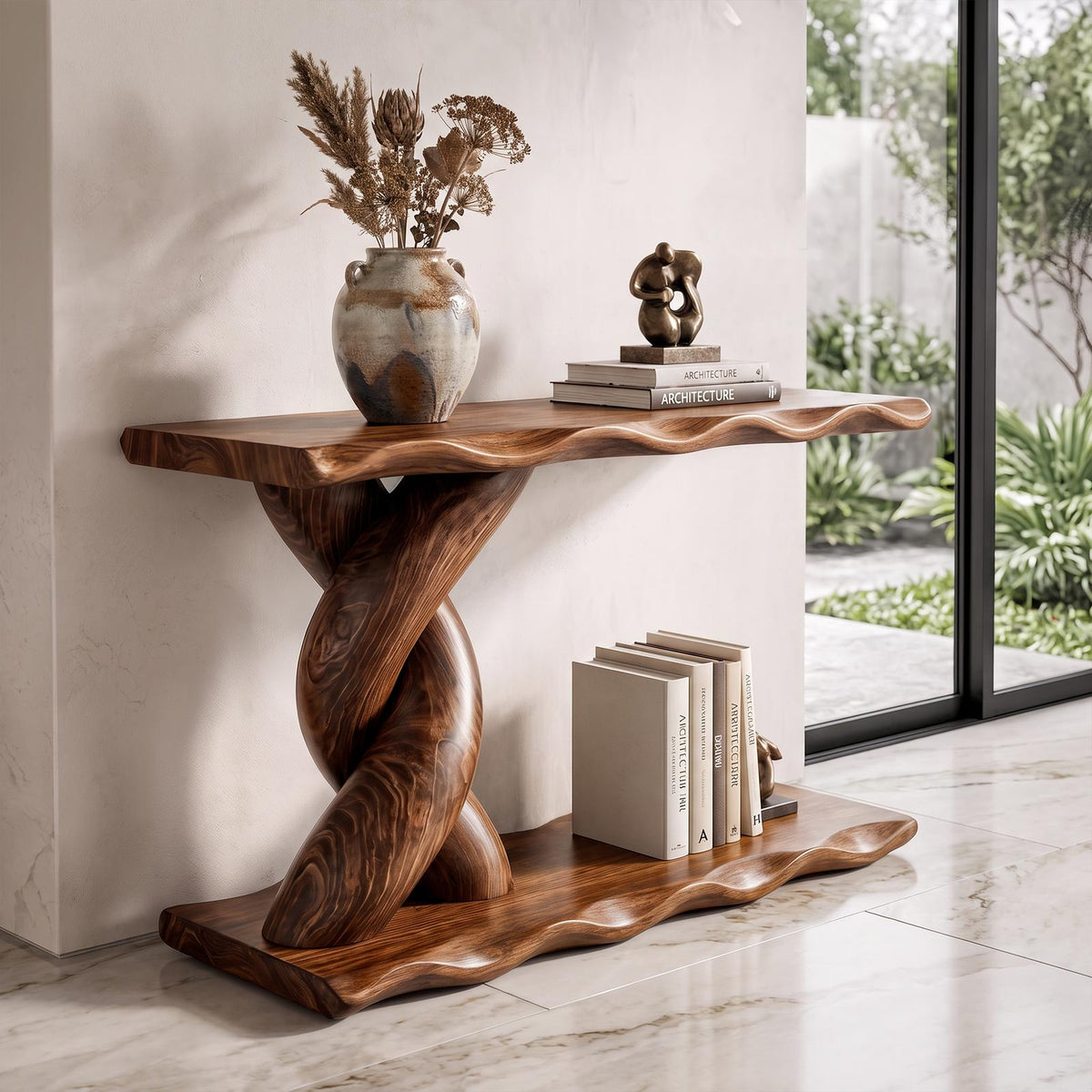 Contemporary Console Table With Spiral Base And Lower Display Shelf For Living Room SINLKICS701
