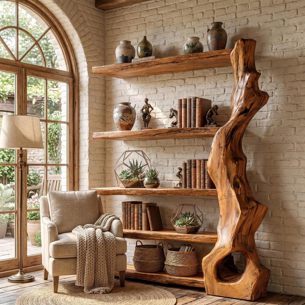 Rustic Tree Bookshelf with Handcrafted Branch Base, Solid Wood Bookcase Organizer with Open Shelves for Home Office Living Room
