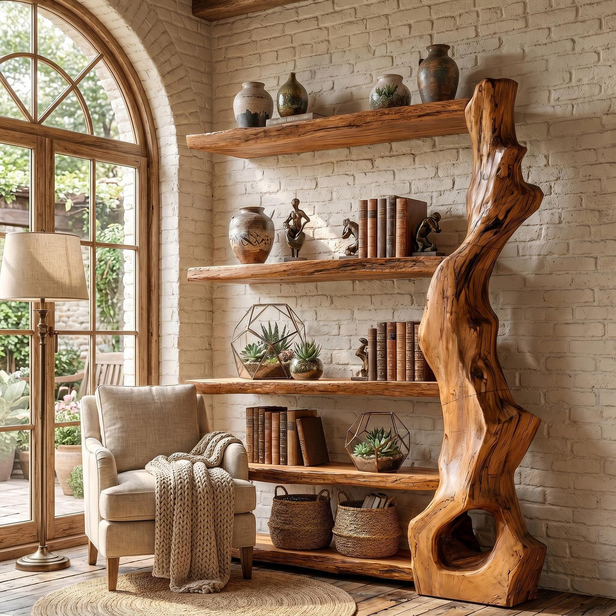 Rustic Tree Bookshelf with Handcrafted Branch Base, Solid Wood Bookcase Organizer with Open Shelves for Home Office Living Room