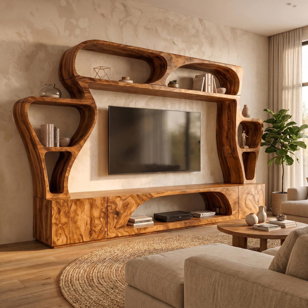 Solid Wood Statement TV Console, Handcrafted Living Room Entertainment Center with Sculptural Wall Shelves, Model