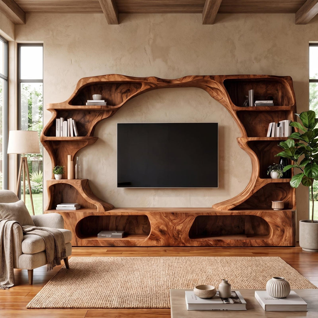 Nature-Inspired Wooden Entertainment Center, Handcrafted Living Room TV Console with Organic Display Shelves, Model