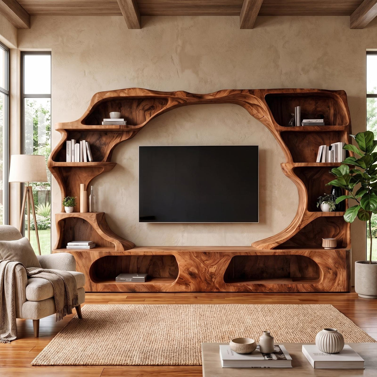 Nature-Inspired Wooden Entertainment Center, Handcrafted Living Room TV Console with Organic Display Shelves, Model