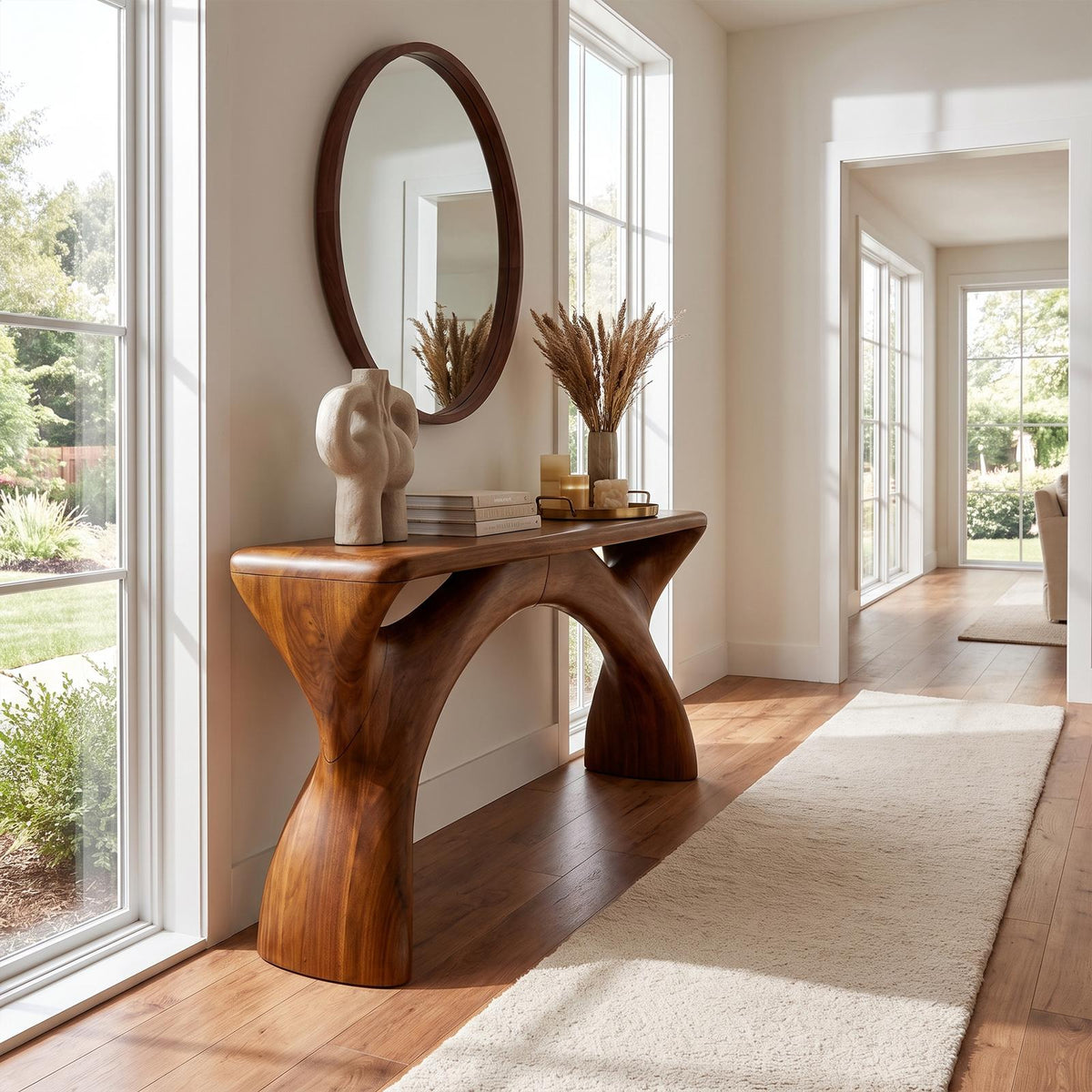 Mid Century Console Table With Flowing Curved Frame For Entryway