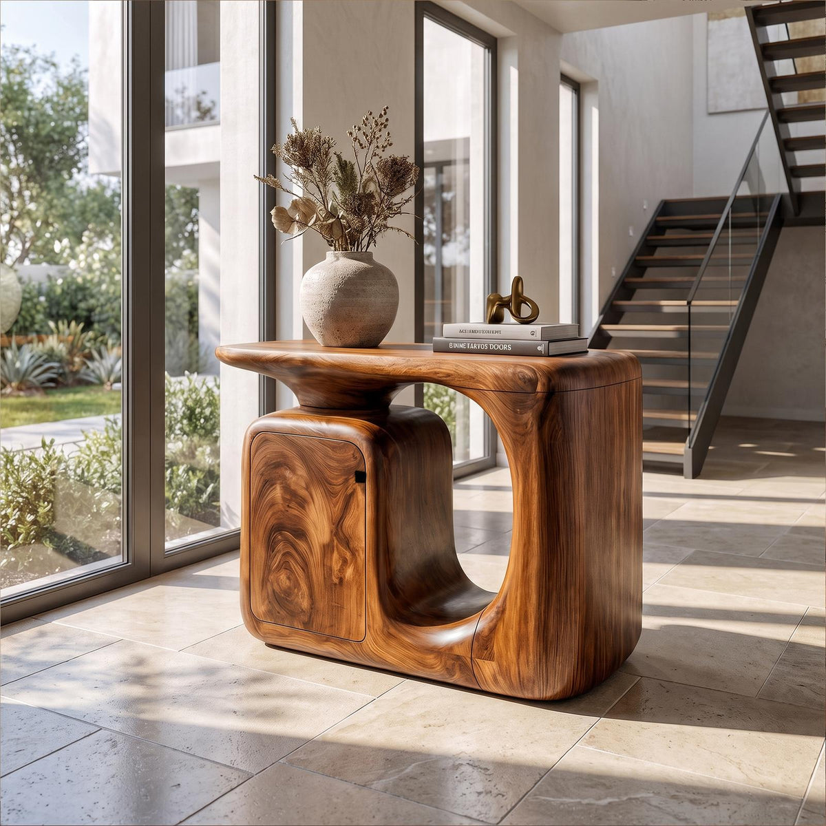 Modern Sculptural Console Table With Rounded Storage Cabinet For Entryway