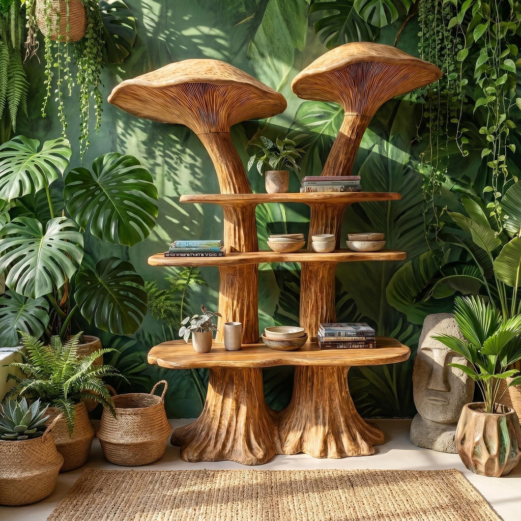 Rustic Mushroom Bookshelf with Handcrafted Solid Wood Shelving, Whimsical Bookcase Organizer for Living Room