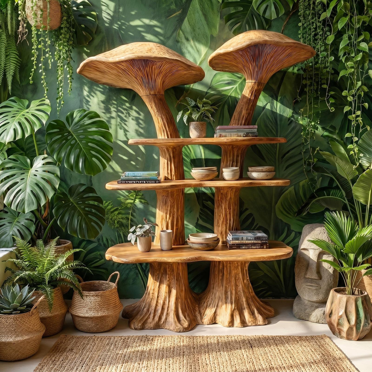 Rustic Mushroom Bookshelf with Handcrafted Solid Wood Shelving, Whimsical Bookcase Organizer for Living Room