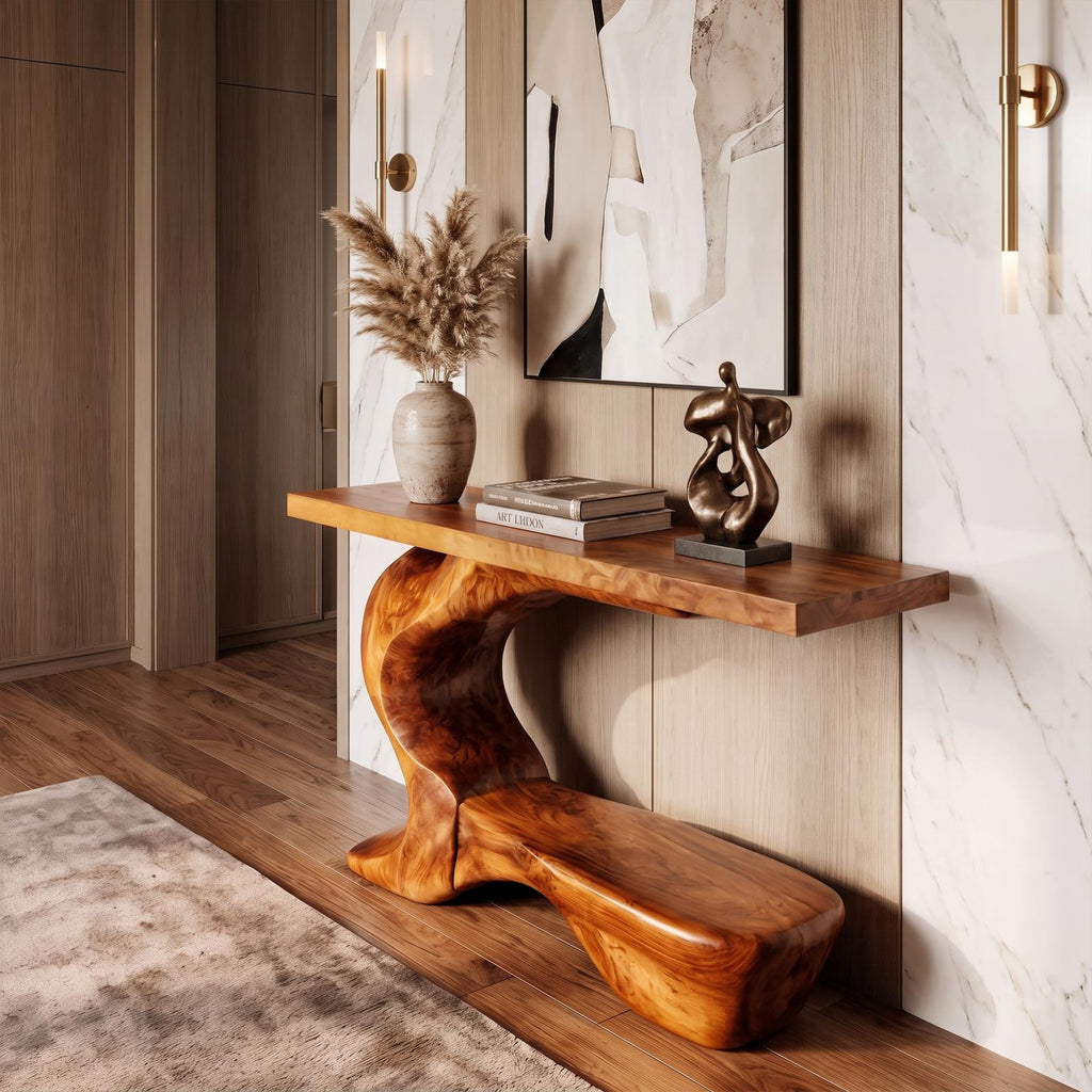 Rustic Sculptural Console Table With Curved Base For Entryway