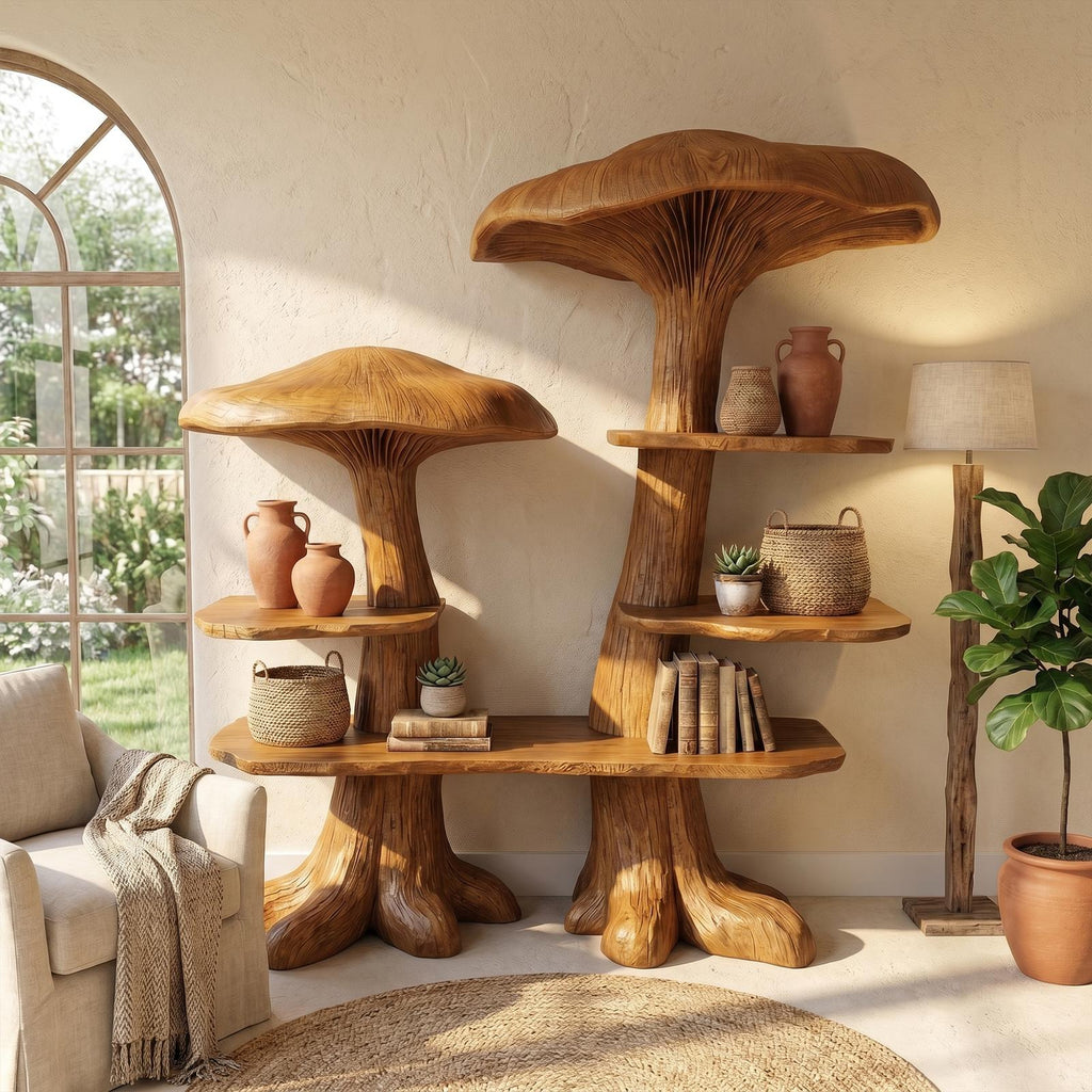 Nature-Inspired Mushroom Bookshelf, Solid Wood Open Display Shelving & Bookcase Storage Unit for Living Room