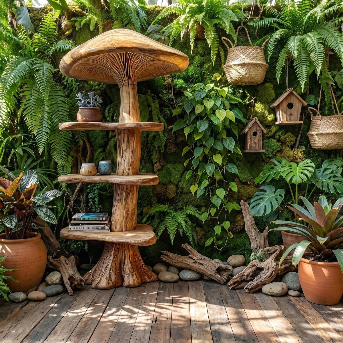Organic Mushroom Bookshelf with Handcrafted Solid Wood Shelves, Whimsical Bookcase & Storage Unit for Living Room