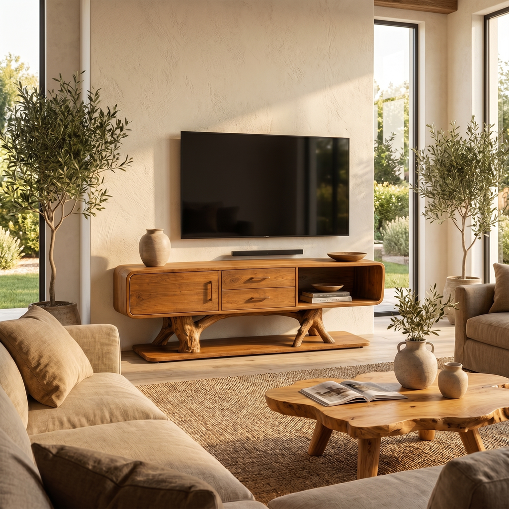 Modern Organic TV Cabinet with Storage Drawers, Solid Wood TV Stand & Media Entertainment Console for Living Room