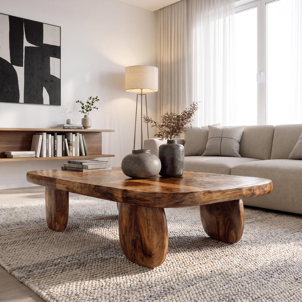 Minimal Coffee Table With Organic Pedestal Base For Living Room