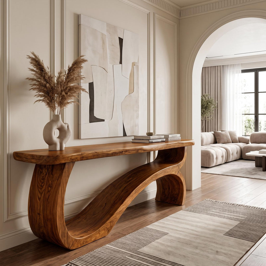 Modern Console Table Table With Sculptural Open Wood Base For Living Room